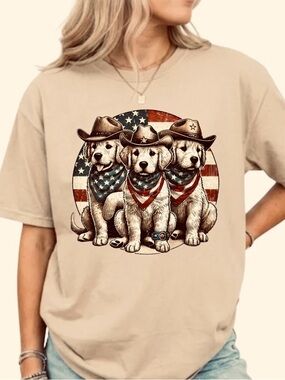 Beige Patriotic Puppy Graphic Tee - Unbranded